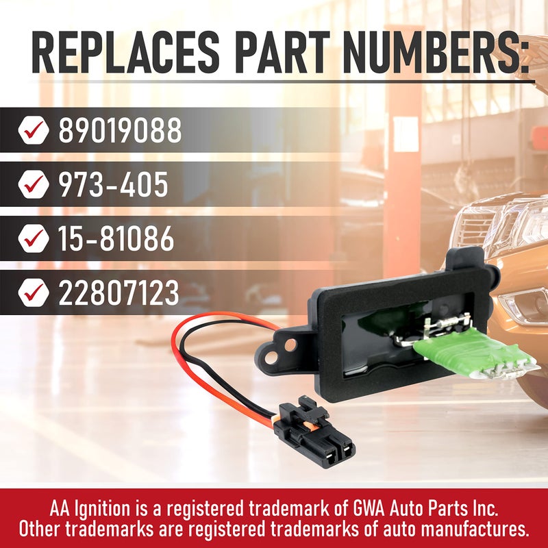 AA Ignition مجموعة مقاوم موتور مروحة التكييف مع الحزام - بديل 89019088، 973-405، 15-81086، 22807123 - متوافق مع سيارات شيفروليه، جي إم سي وكاديلاك - سيلفرادو، تاهو، سوبربان والمزيد - مروحة التدفئة/التكييف - Image 3